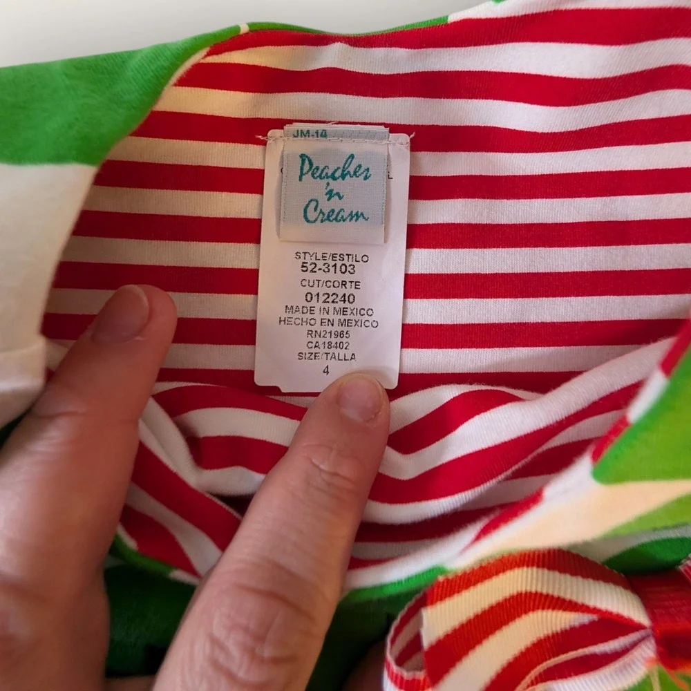 Vintage Peaches n Cream Girls Green Polka Dot Christmas Dress Red Trim Size 4